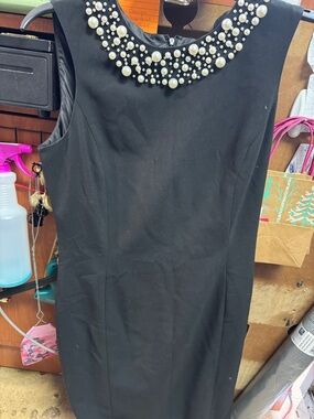 Calvin Klein Black Sleeveless Midi Dress with Pearl-Embellished Neckline